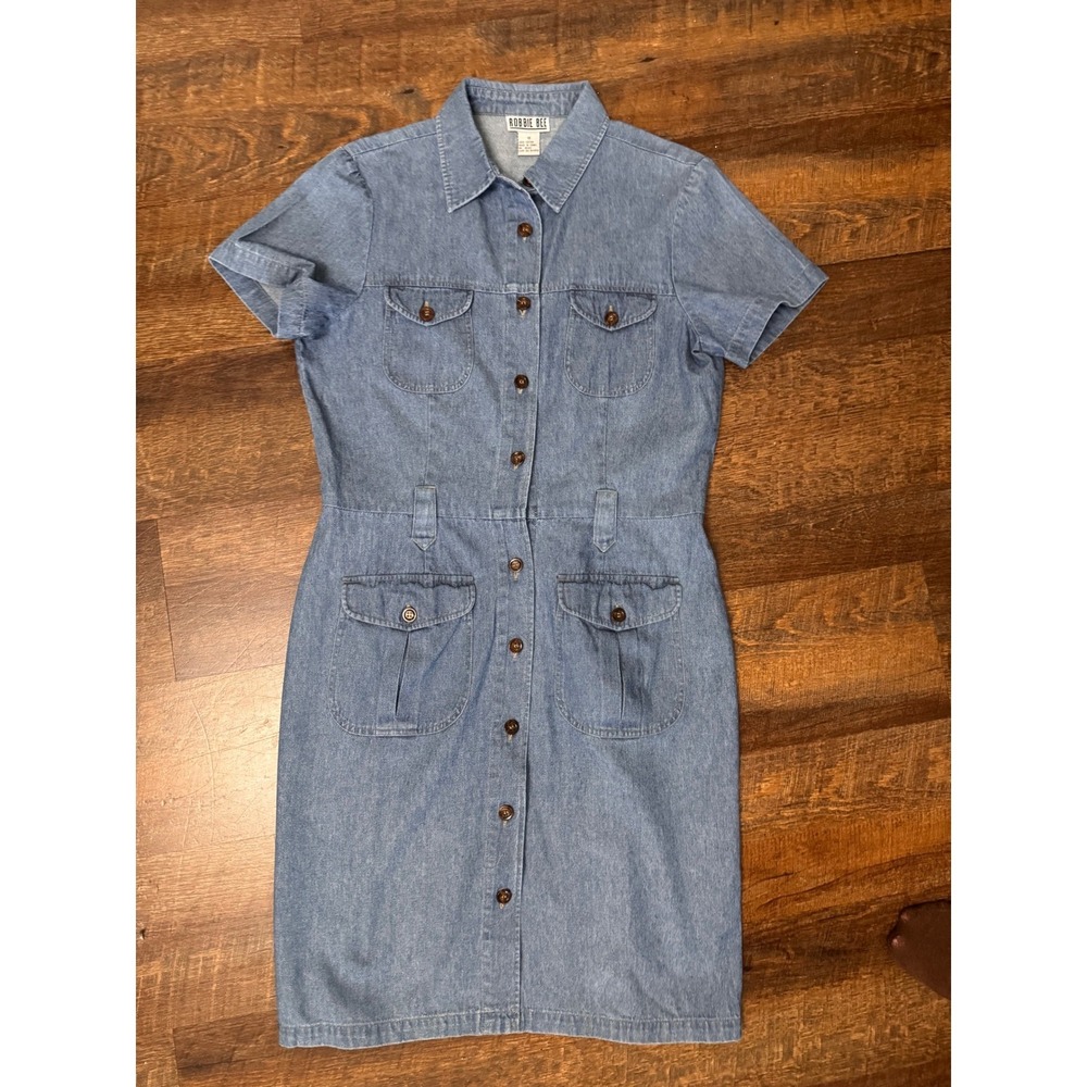 Vintage Robbie Bee Denim Shirt Dress Size 10 Blue Utility Safari 4 Pocket 90s